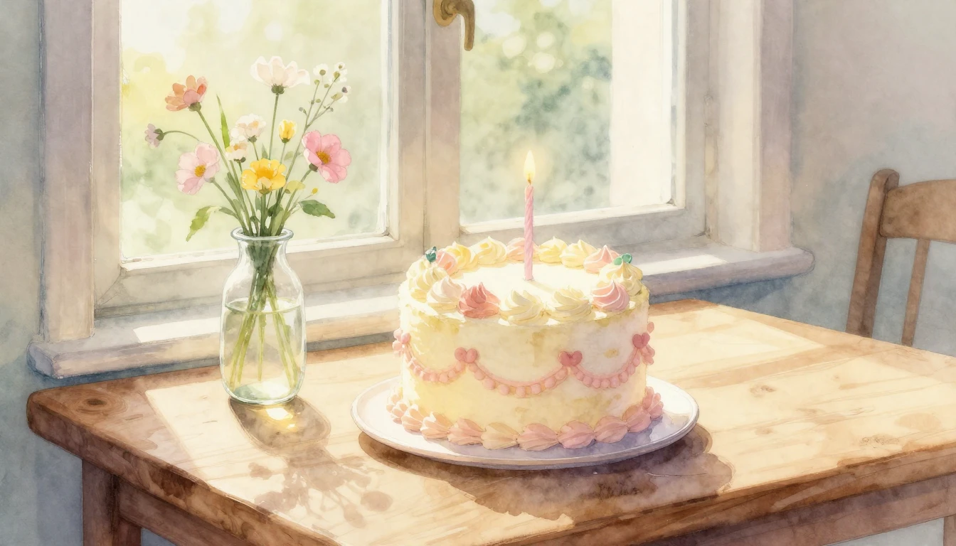 A beautiful watercolor painting of a small, elegant birthday...