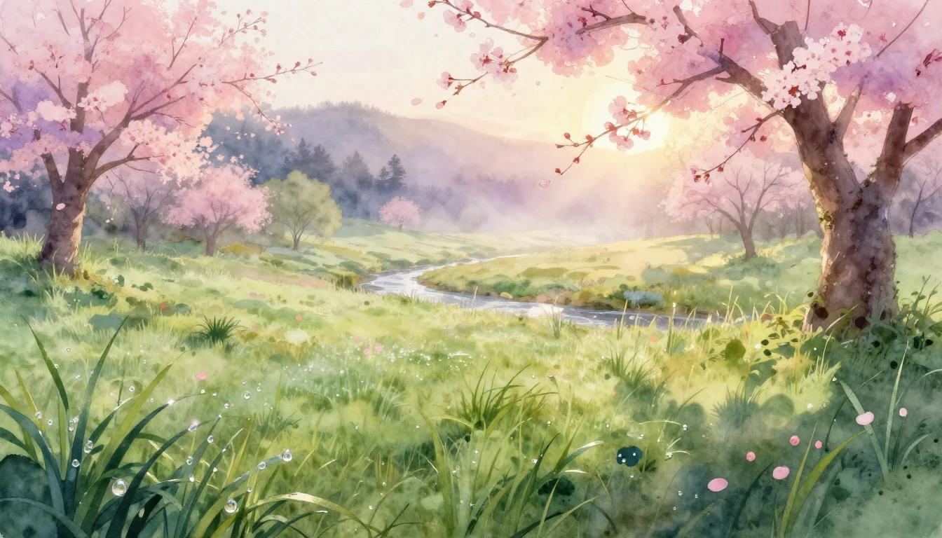 A breathtaking watercolor painting of a lush meadow at sunri...