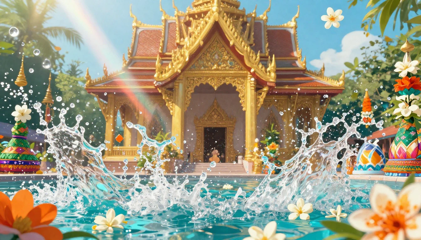 A vibrant digital painting of a joyful water festival. Shimm...