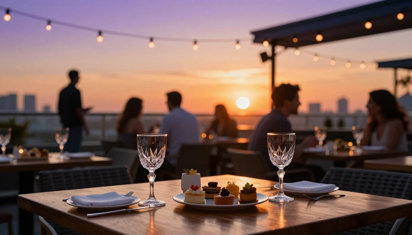 A luxurious rooftop terrace during the golden hour. The sun ...