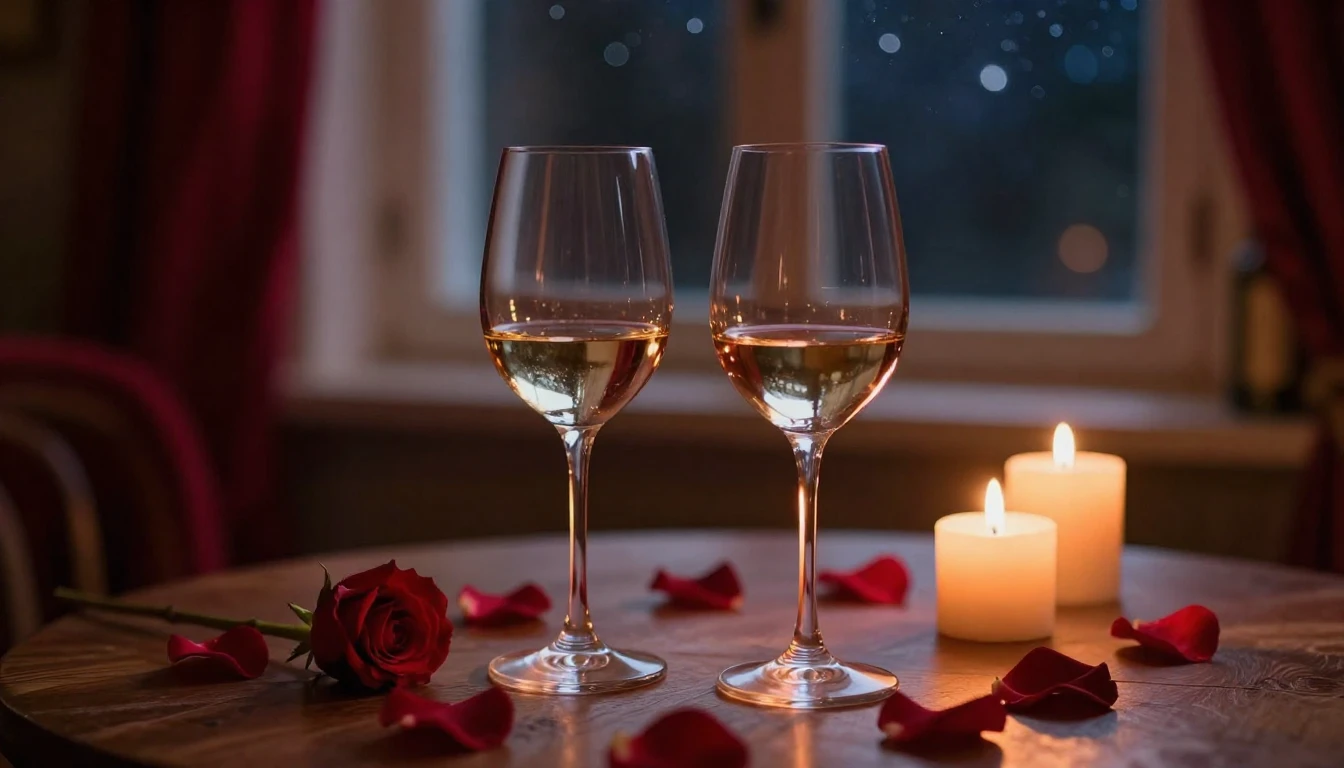 A serene and romantic scene featuring two elegant wine glass...