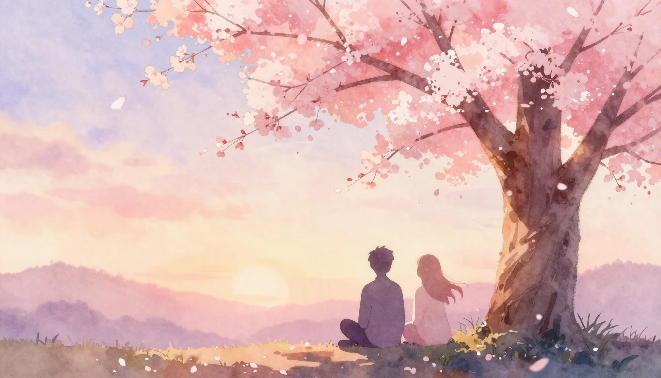 A soft watercolor painting of two stylized silhouettes sitti...