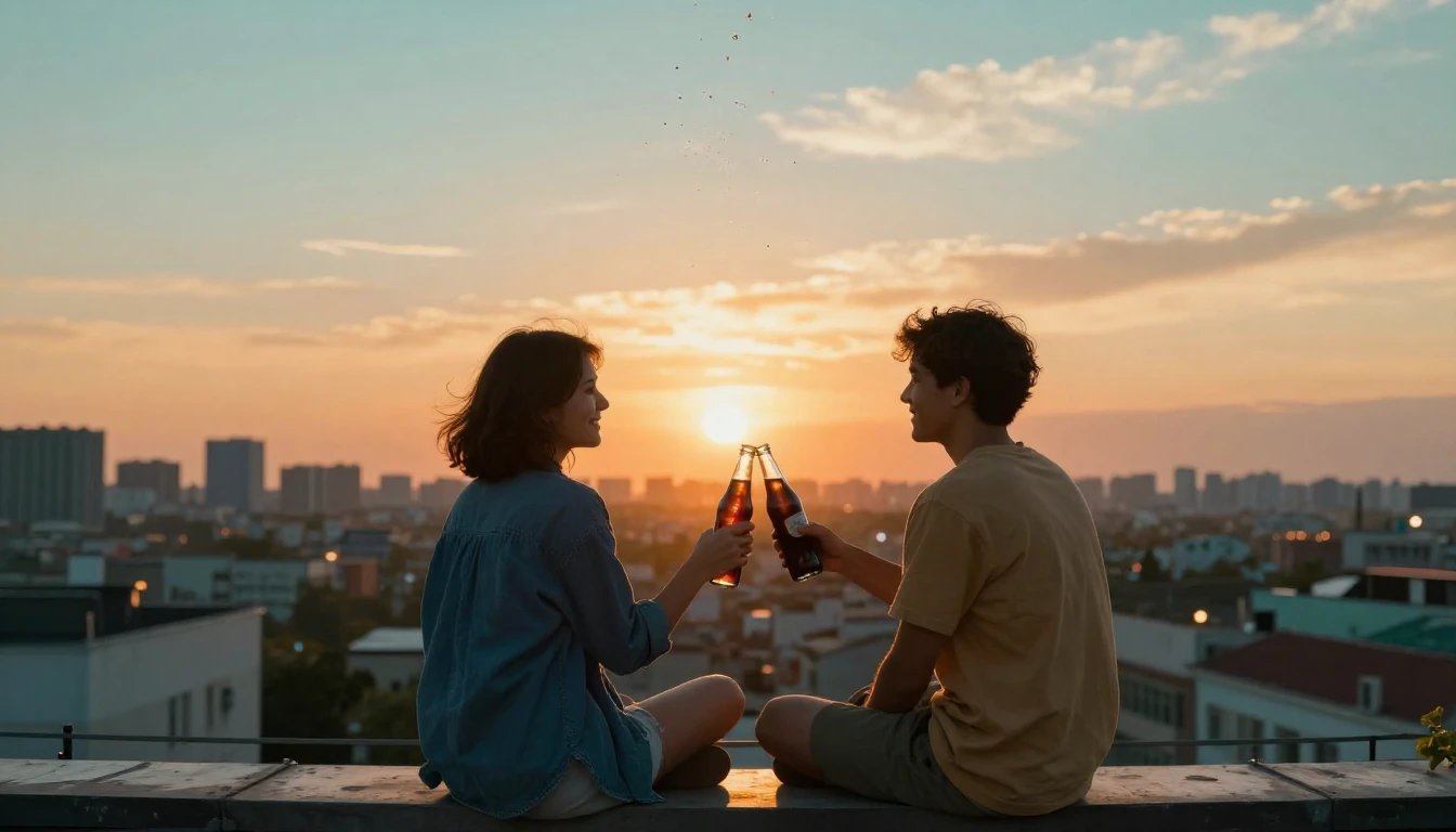 Two best friends sitting side by side on a rooftop overlooki...