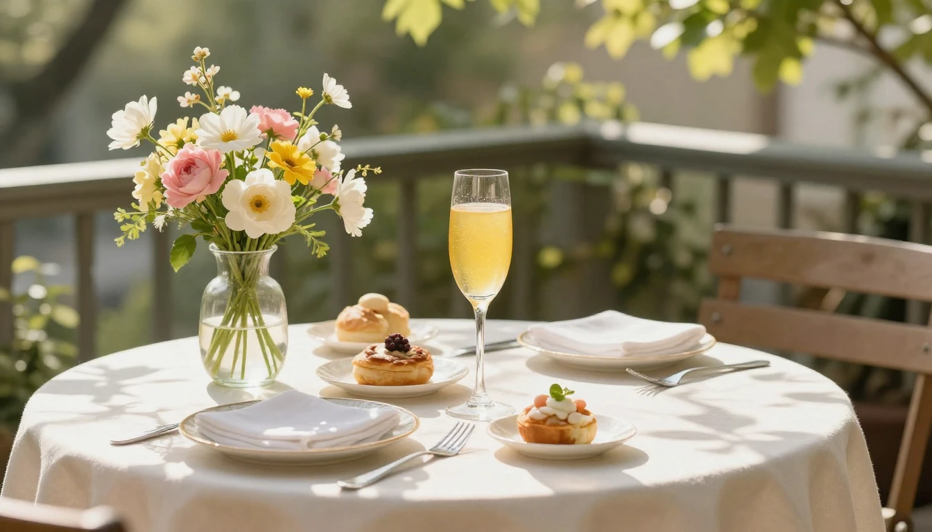 A beautifully set brunch table on a sun-drenched terrace. Th...