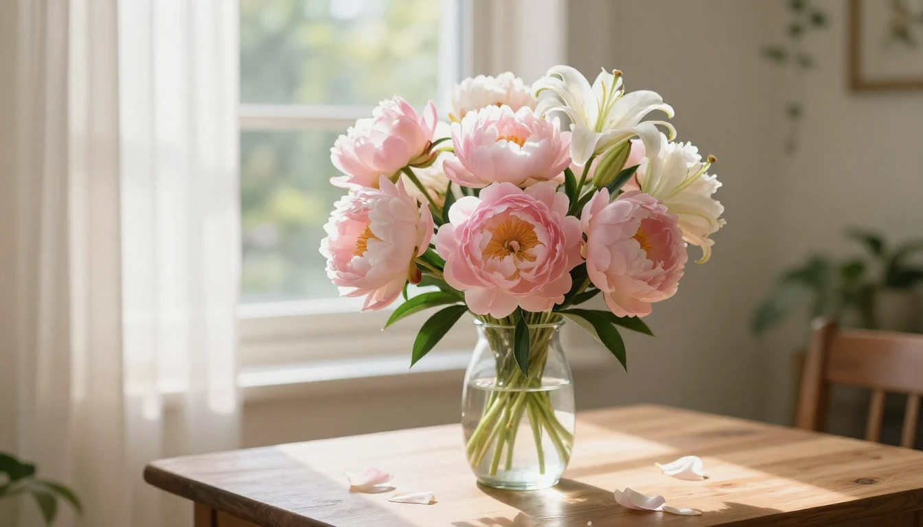 A beautiful and delicate bouquet of pink peonies and white l...