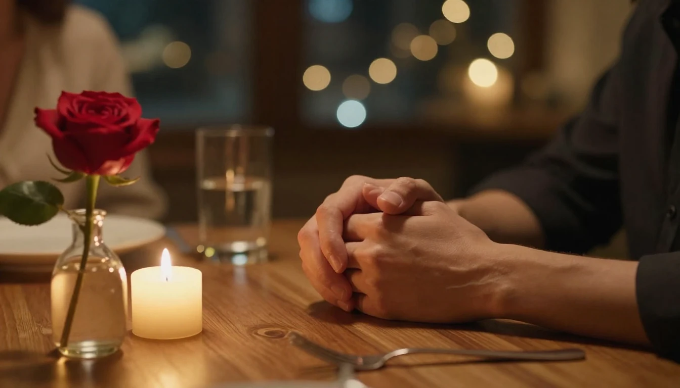 A cinematic close-up shot of a couple holding hands gently o...