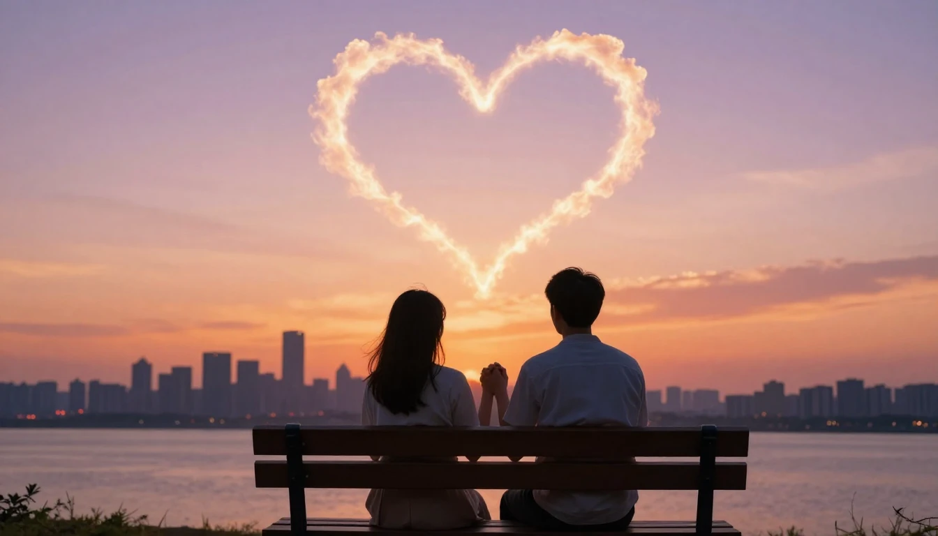 A romantic and intimate scene of a couple sitting on a woode...