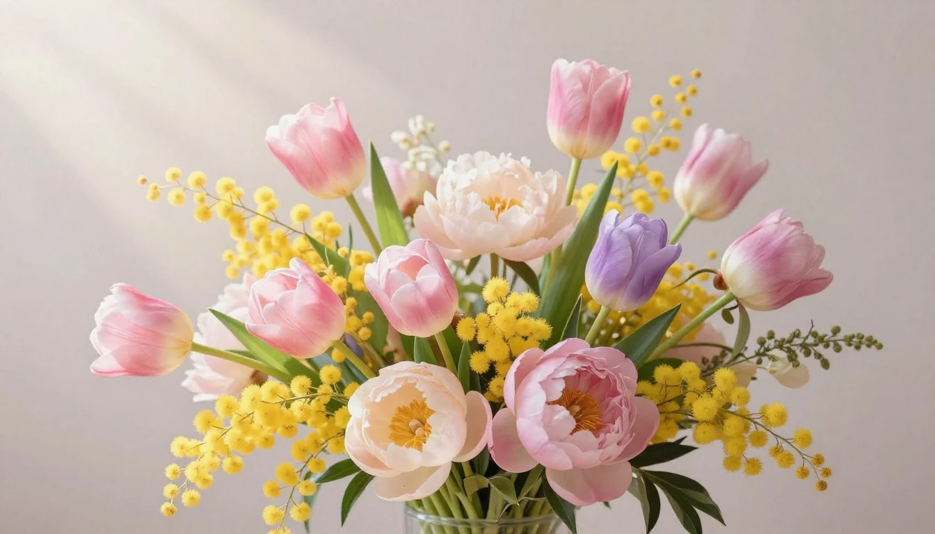 A beautiful and delicate composition featuring a lush bouque...