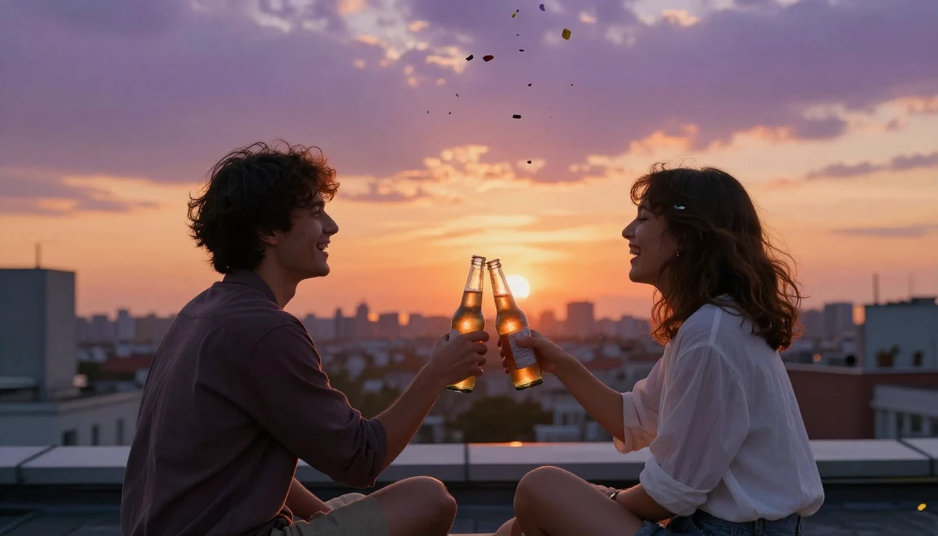 A warm and nostalgic scene of two friends sitting on a rooft...