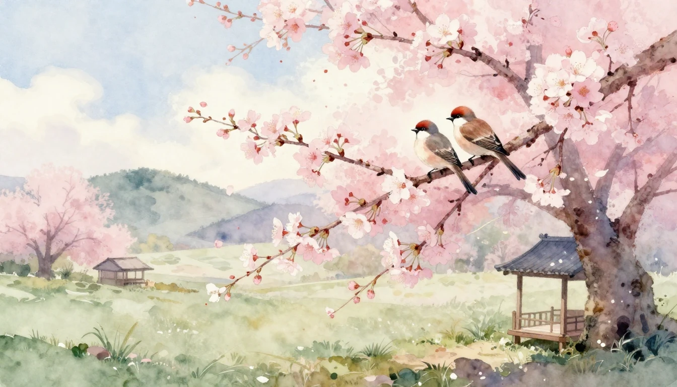 A delicate watercolor painting of a serene landscape in earl...