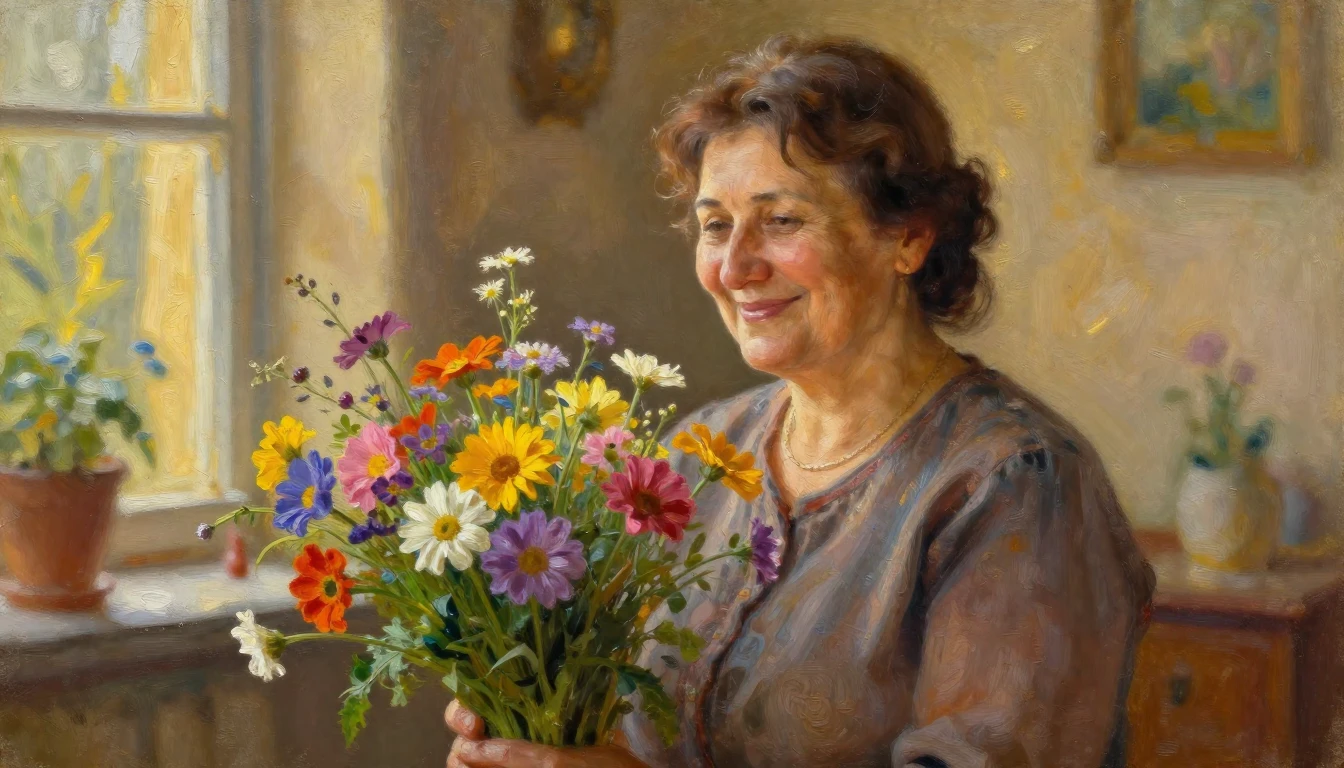 A heartwarming oil painting portrait of a kind, beautiful mi...