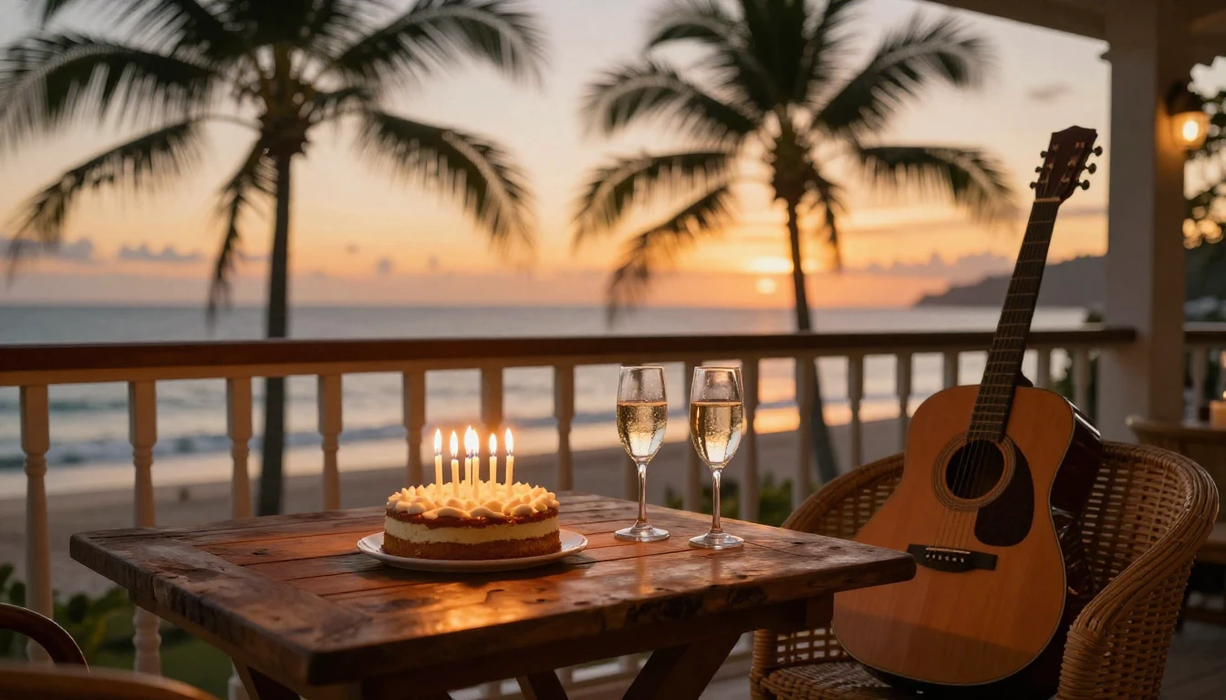 A warm and inviting birthday scene set on a balcony overlook...