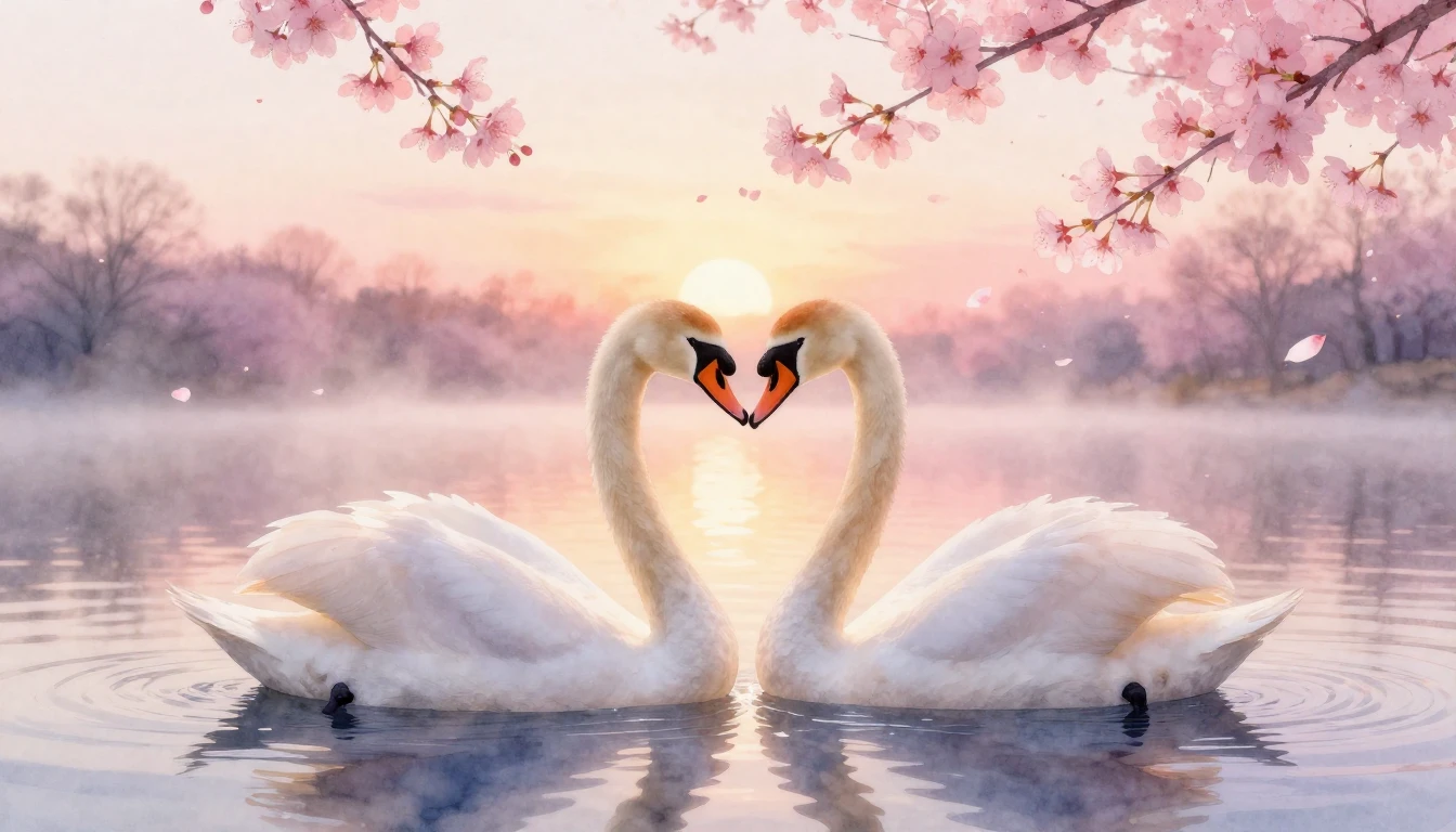 A soft watercolor painting of two elegant swans forming a he...