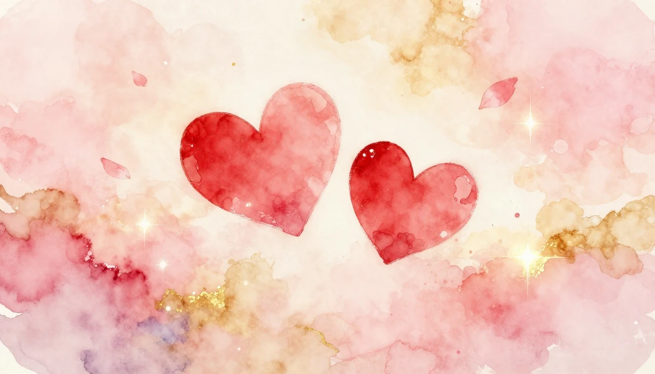 A delicate watercolor painting of two stylized red hearts fl...