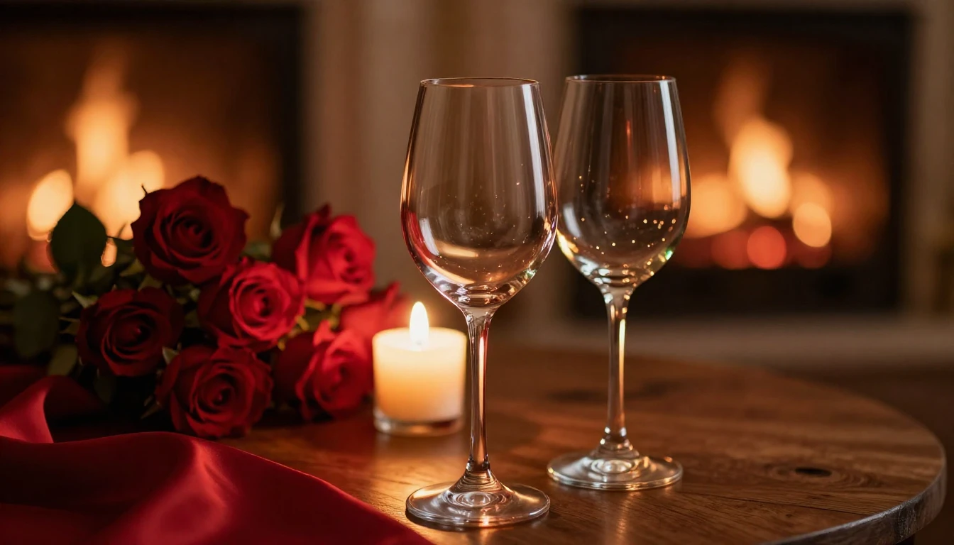 A close-up shot of two elegant wine glasses on a wooden tabl...