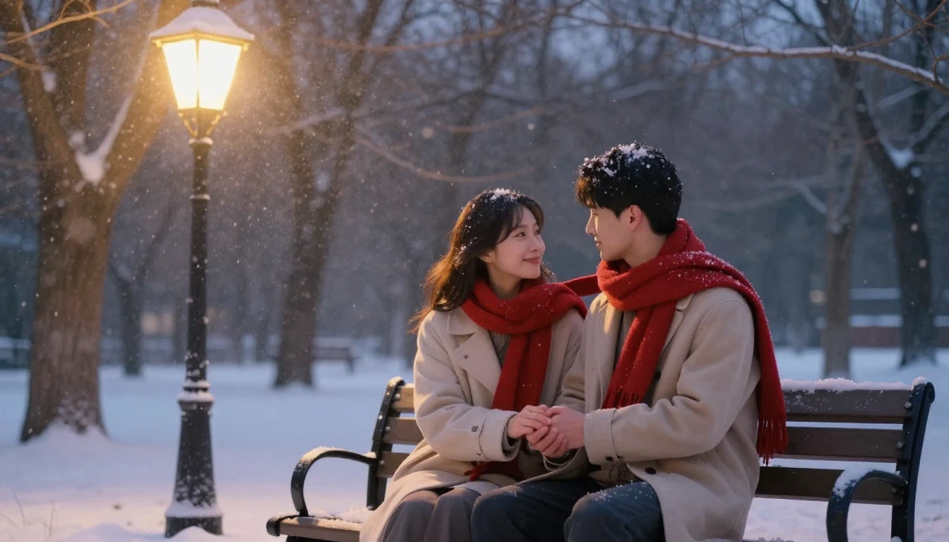 A romantic artistic scene of a couple sitting on a bench in ...