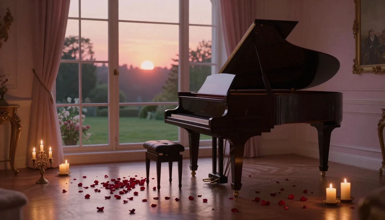 A breathtaking scene of a quiet, elegant room at dusk. A gra...