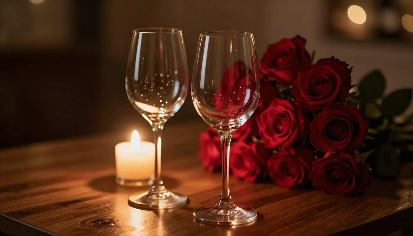 A close-up shot of two elegant wine glasses on a wooden tabl...