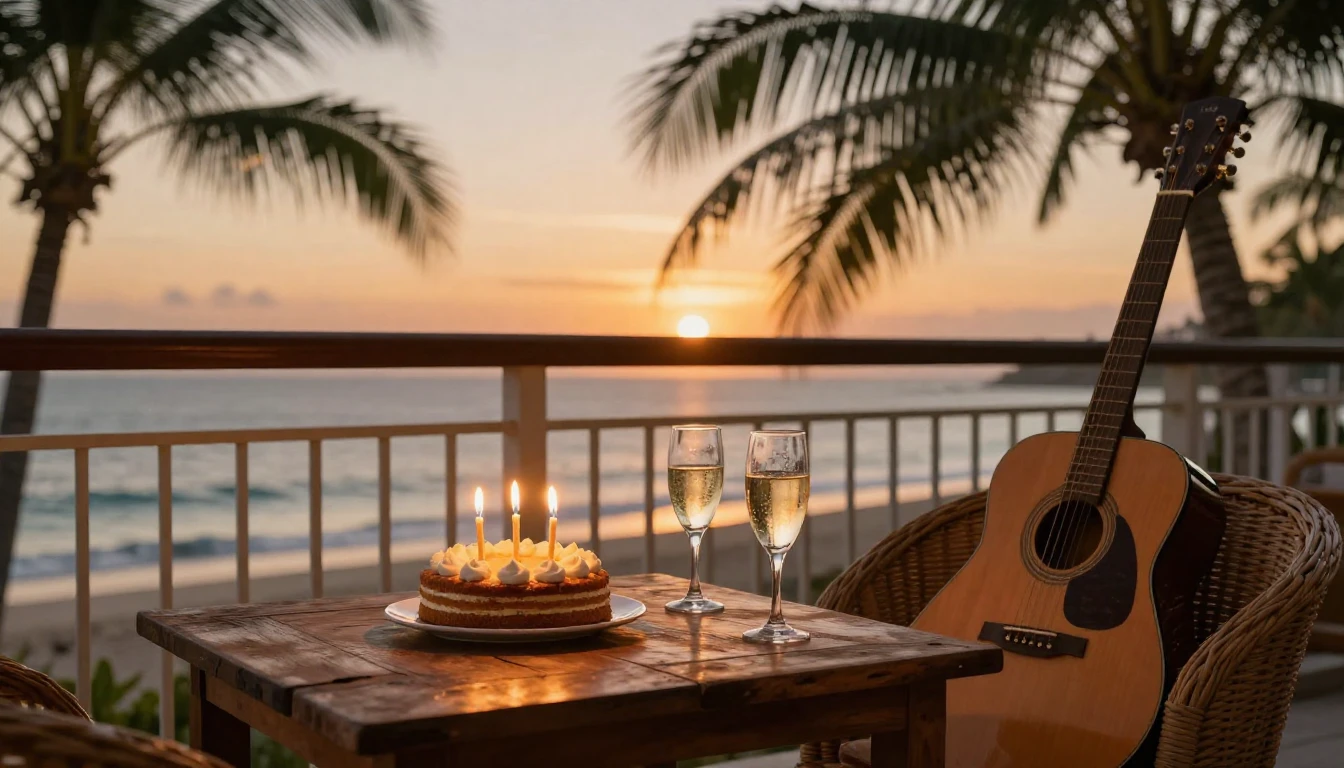 A warm and inviting birthday scene set on a balcony overlook...