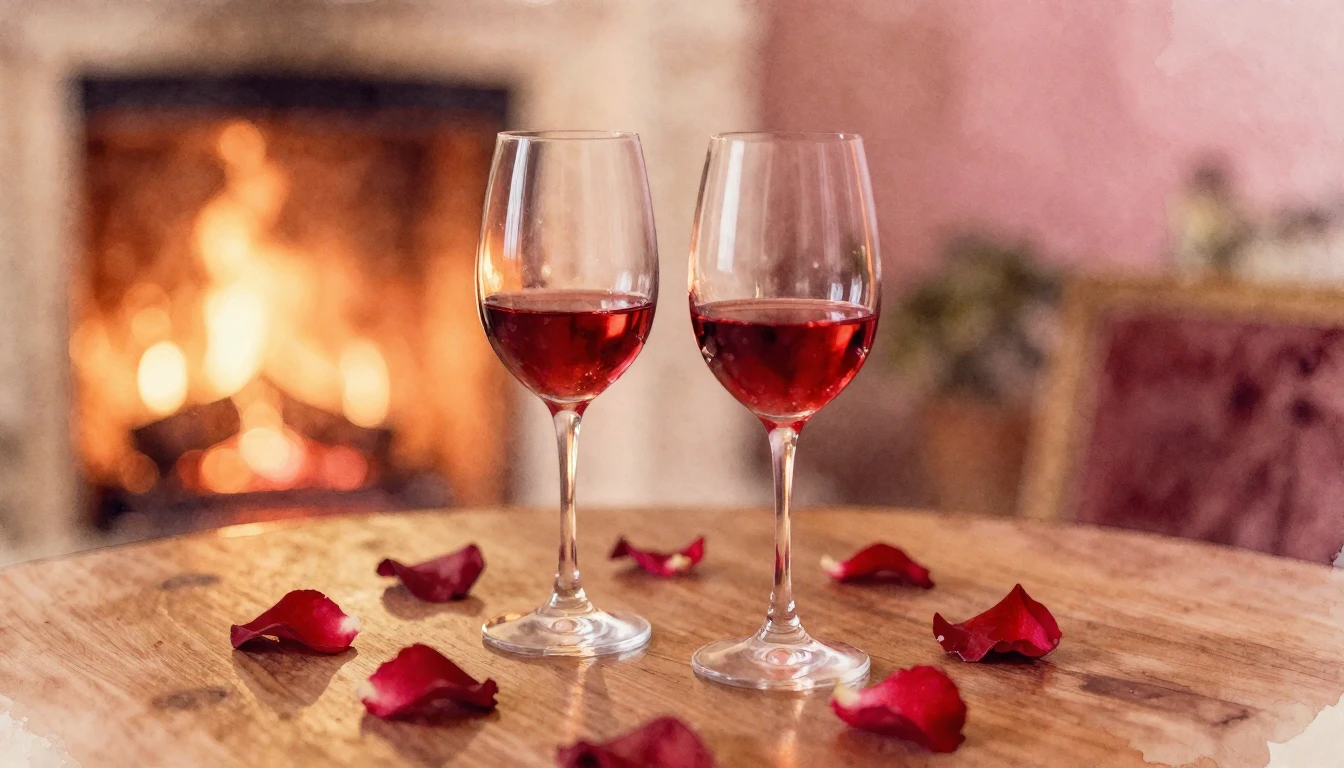 A dreamy watercolor painting of two elegant wine glasses sit...