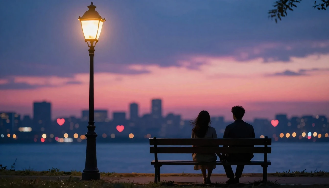 A romantic and dreamy scene depicting two silhouettes holdin...