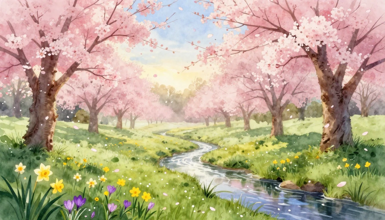 A beautiful watercolor painting of a lush spring meadow at d...