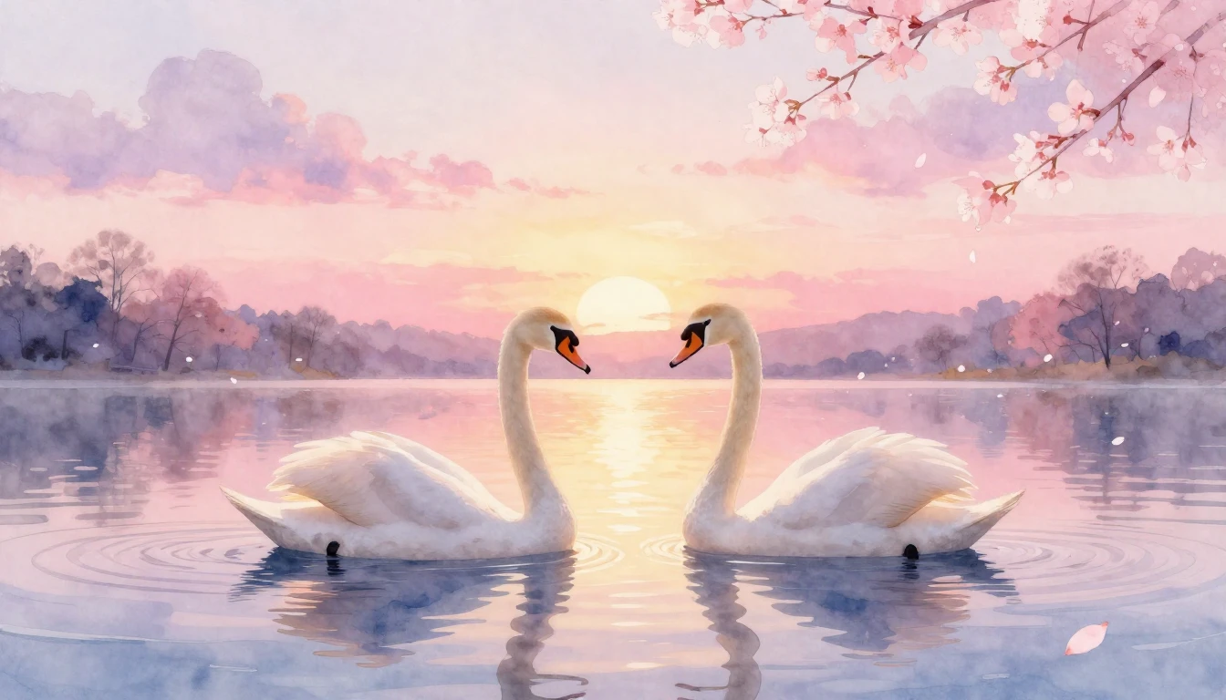 A dreamlike watercolor painting of two elegant swans gliding...