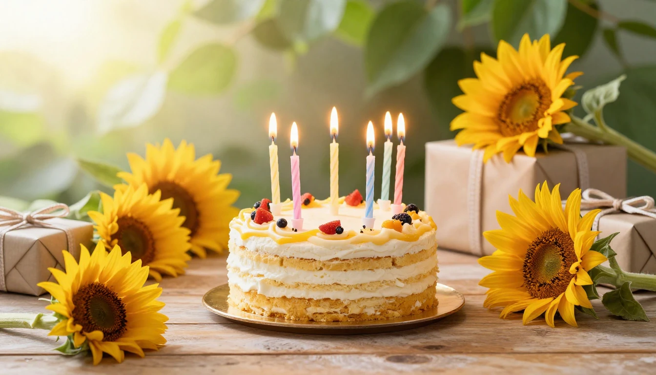 A vibrant and festive birthday scene featuring a beautiful c...