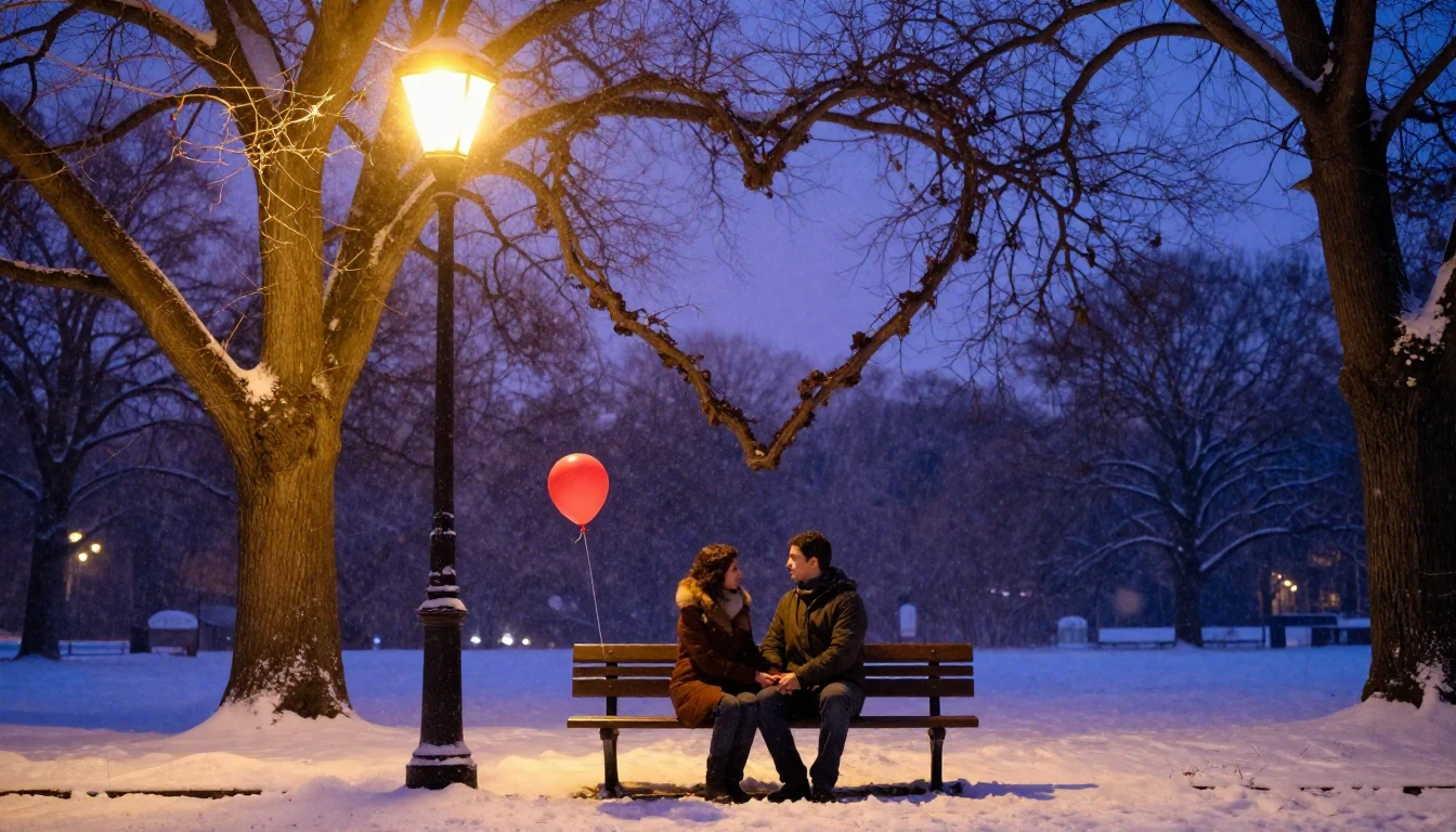 A soft and romantic scene of a couple sitting on a wooden be...