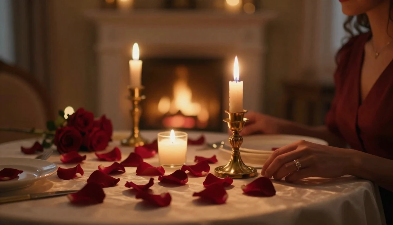 A cinematic close-up of a beautifully set table for two in a...