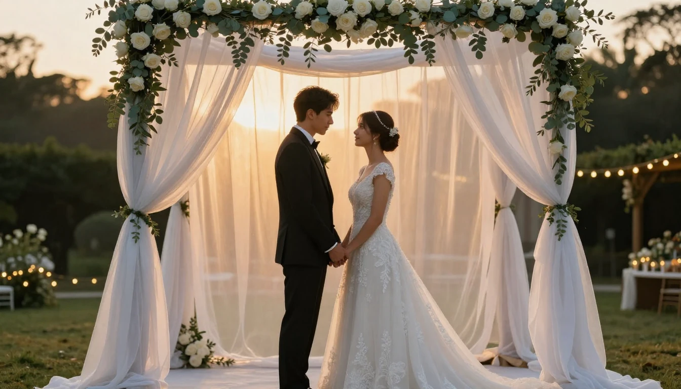 A cinematic, romantic wide shot of a bride and groom standin...