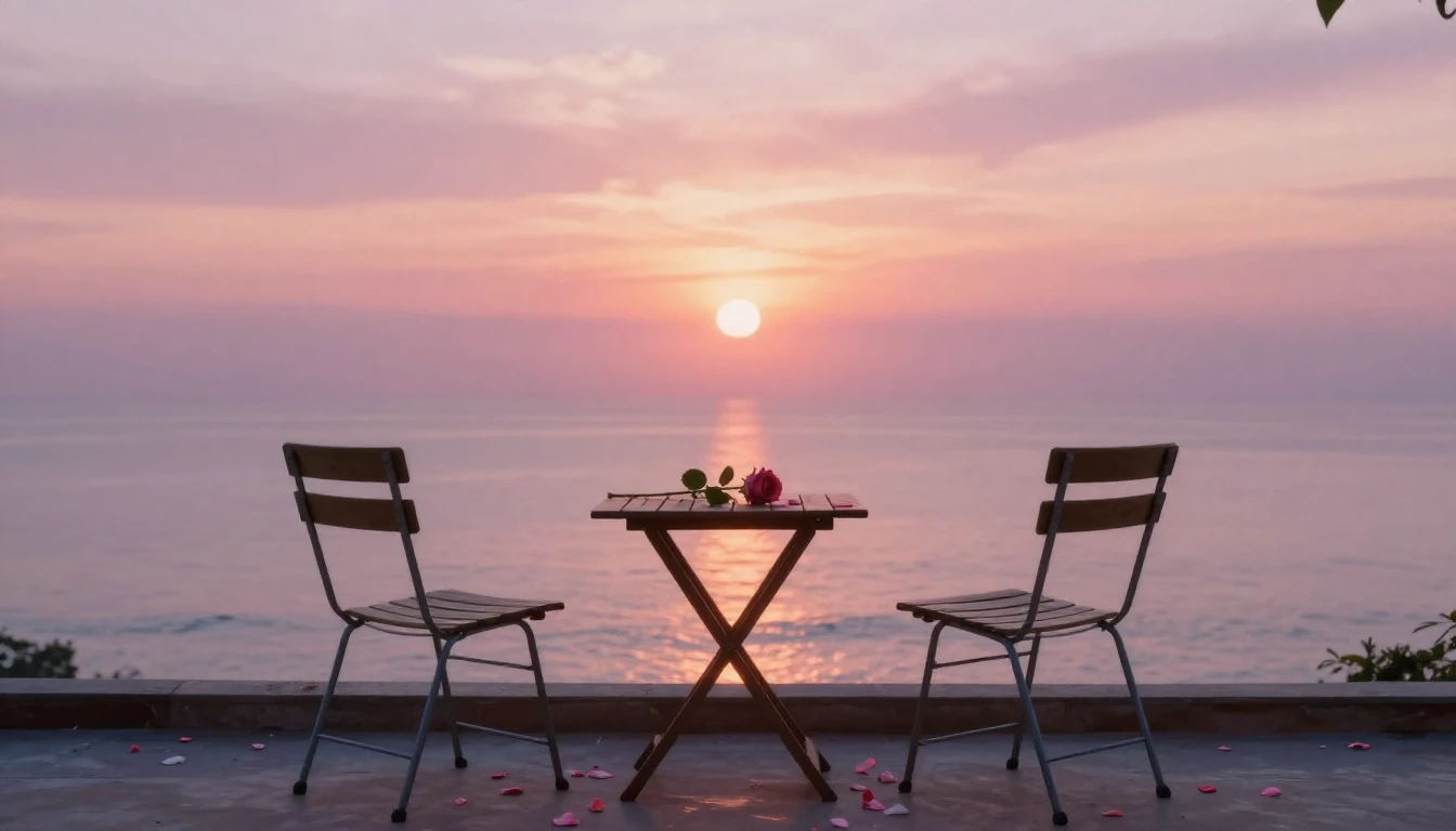 A serene and romantic scene featuring two empty chairs on a ...