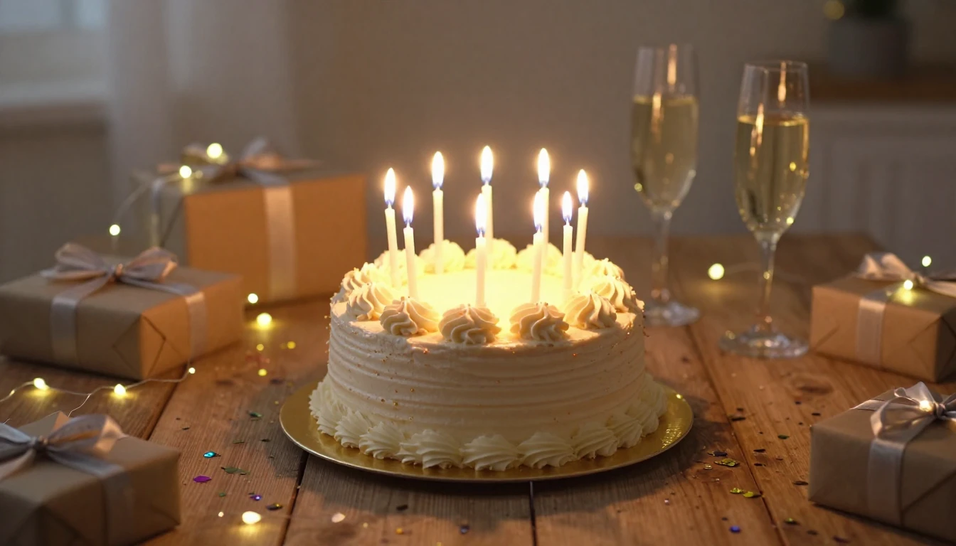 A beautifully decorated birthday cake with glowing candles o...