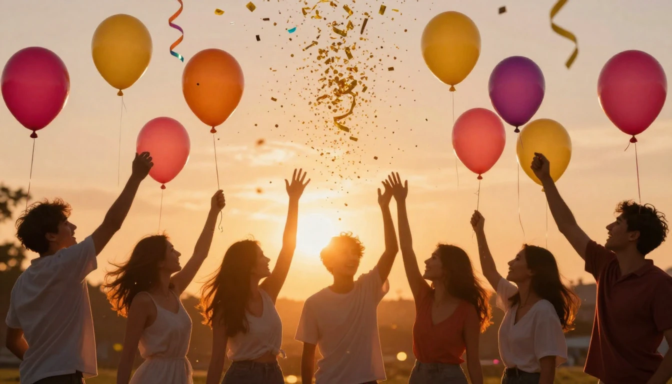 A festive and colorful scene depicting a group of stylized s...