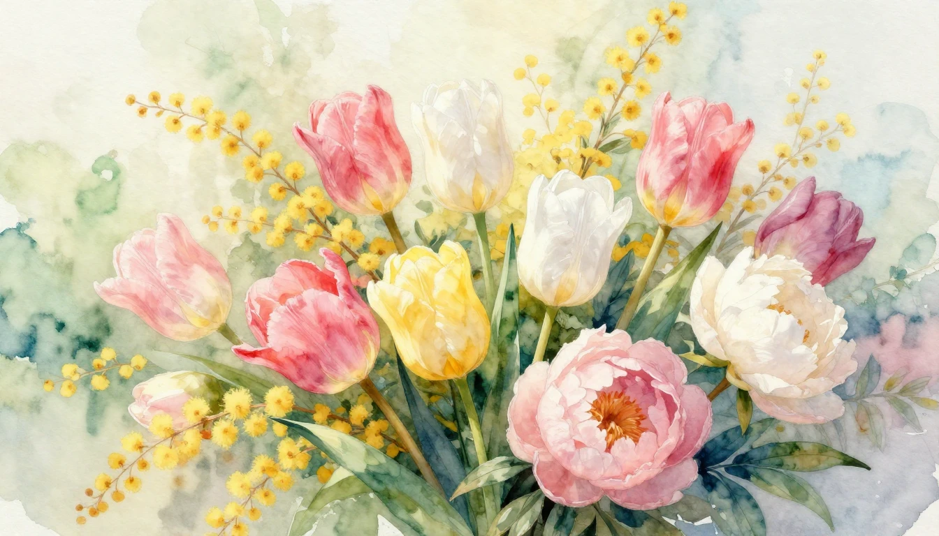 A vibrant and delicate watercolor painting of a lush spring ...