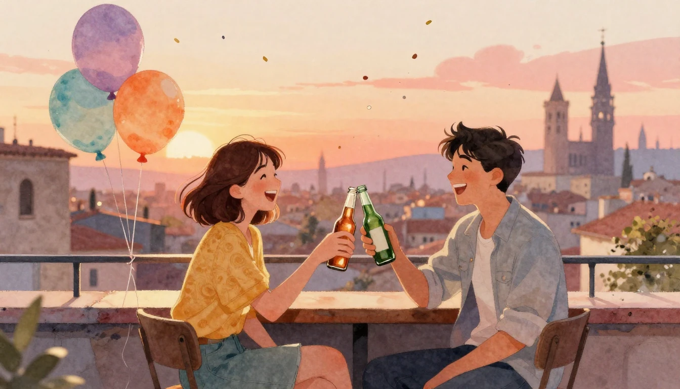 A heartwarming watercolor illustration of two friends sittin...