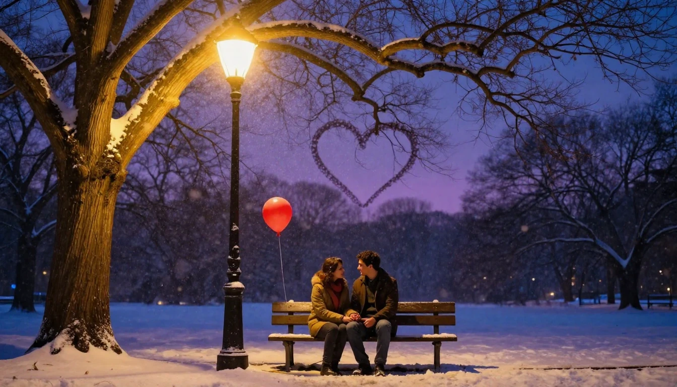 A soft and romantic scene of a couple sitting on a wooden be...