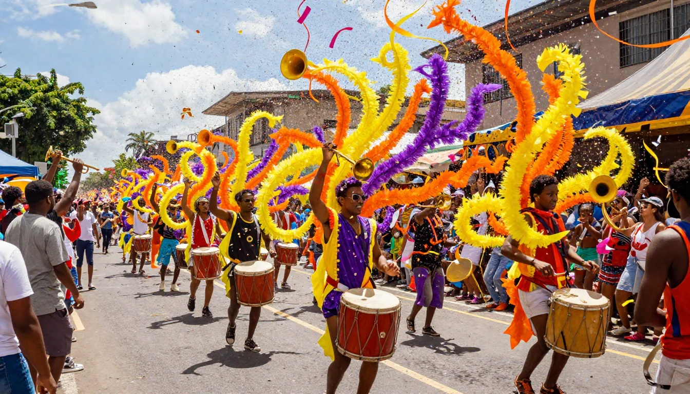 A vibrant and explosive scene of a street festival. Swirls o...