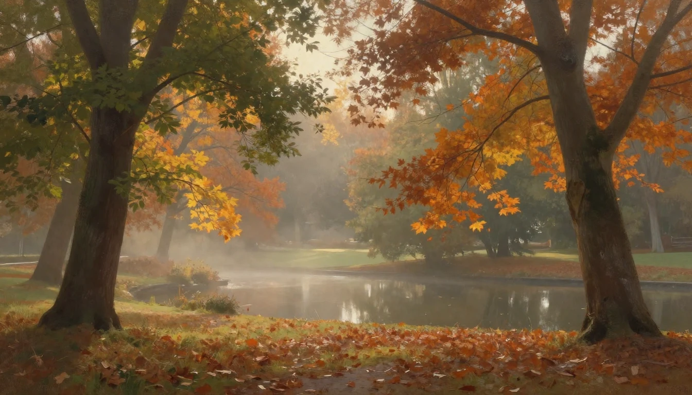 A delicate painting of a serene park during the early days o...
