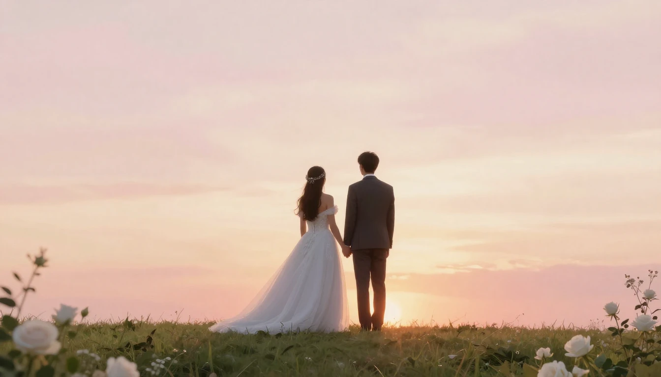 A romantic and ethereal scene depicting a bride and groom st...