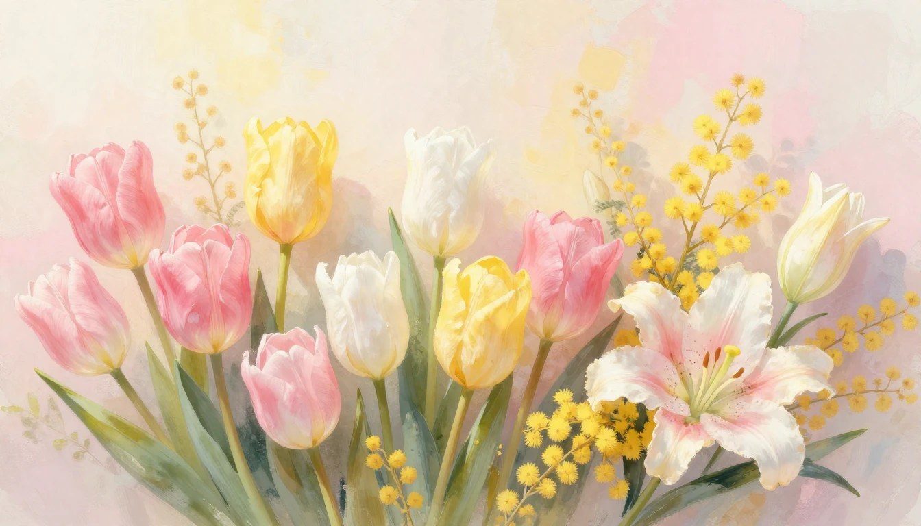 A beautiful arrangement of spring flowers like tulips, mimos...