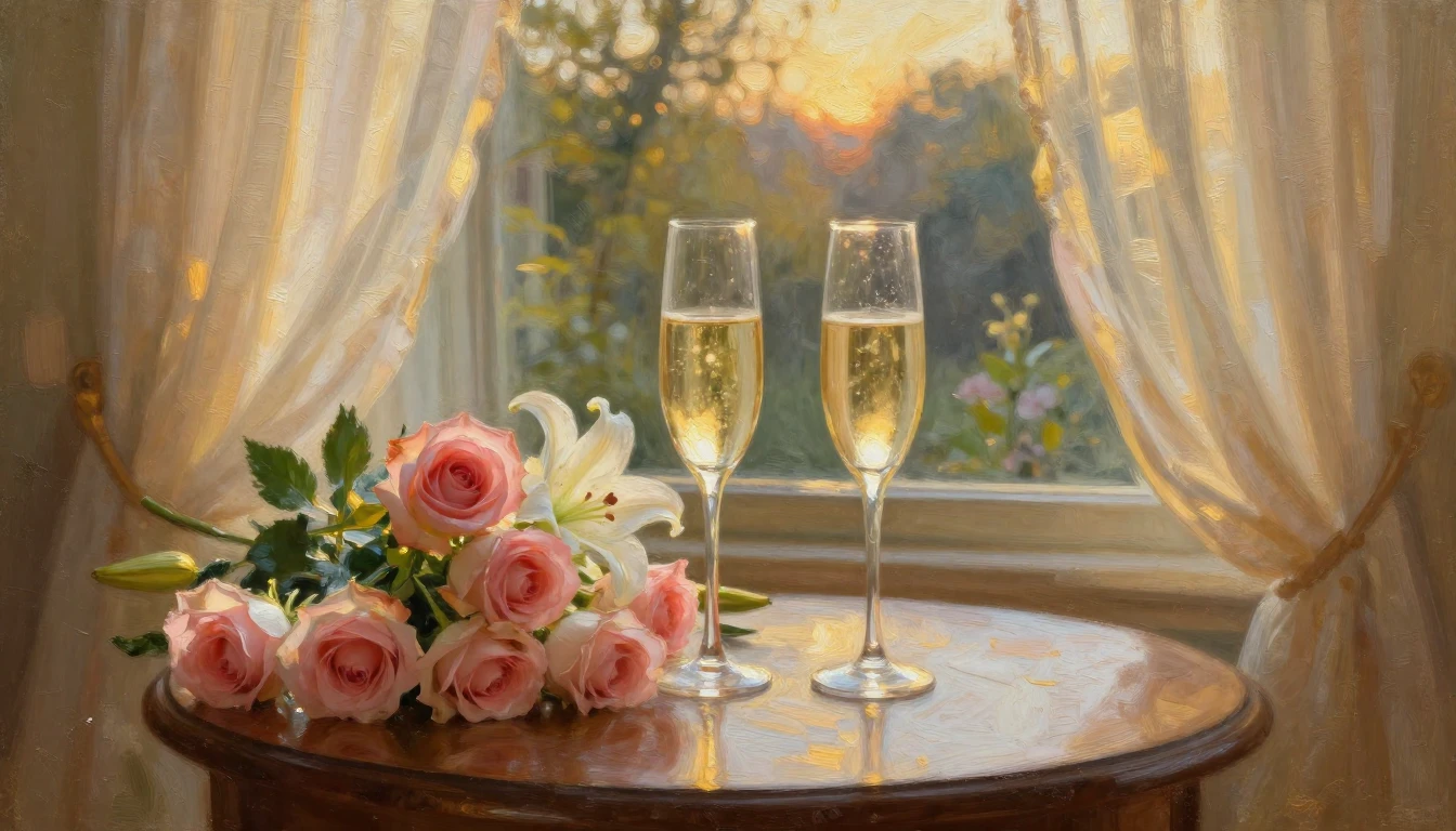 An impressionist oil painting of two elegant glasses of cham...