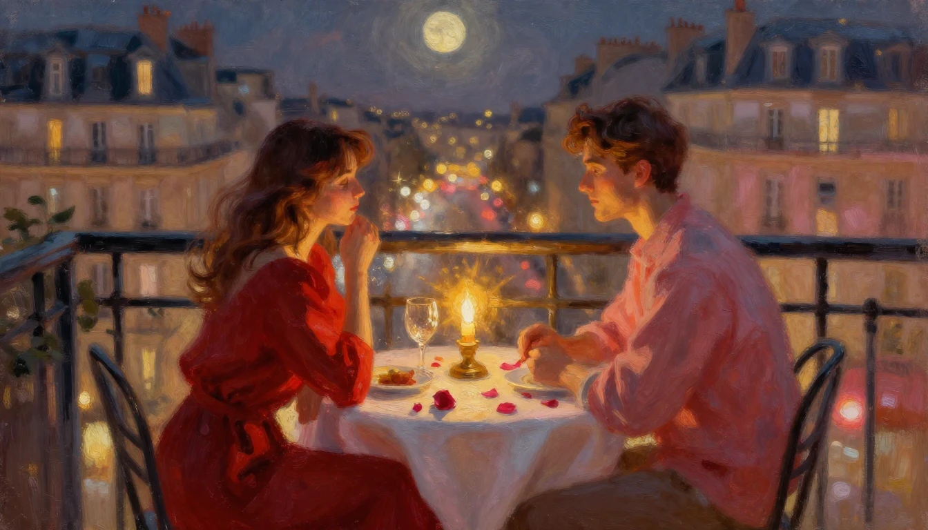 A dreamy impressionist painting of a cozy candlelit table fo...