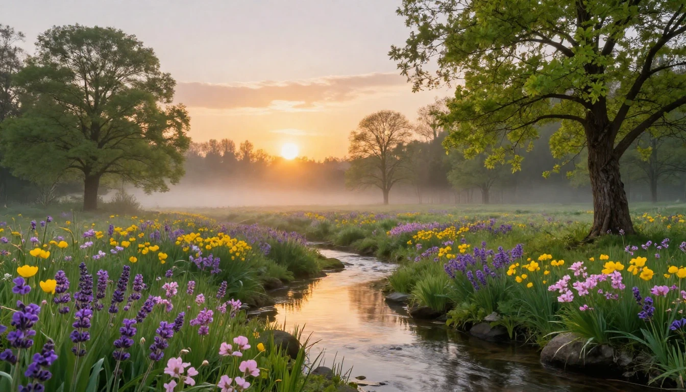 A serene landscape at dawn during the spring equinox. The su...