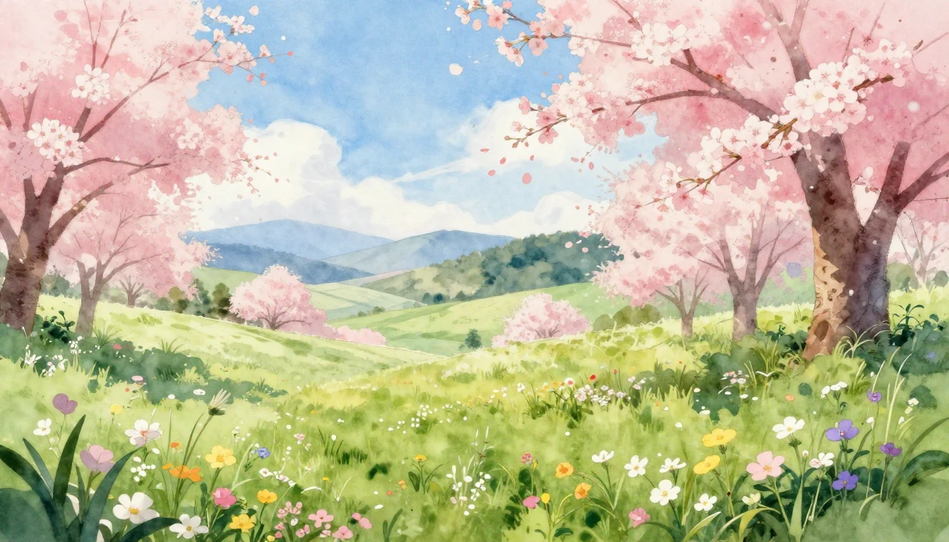 A breathtaking watercolor landscape depicting a lush spring ...