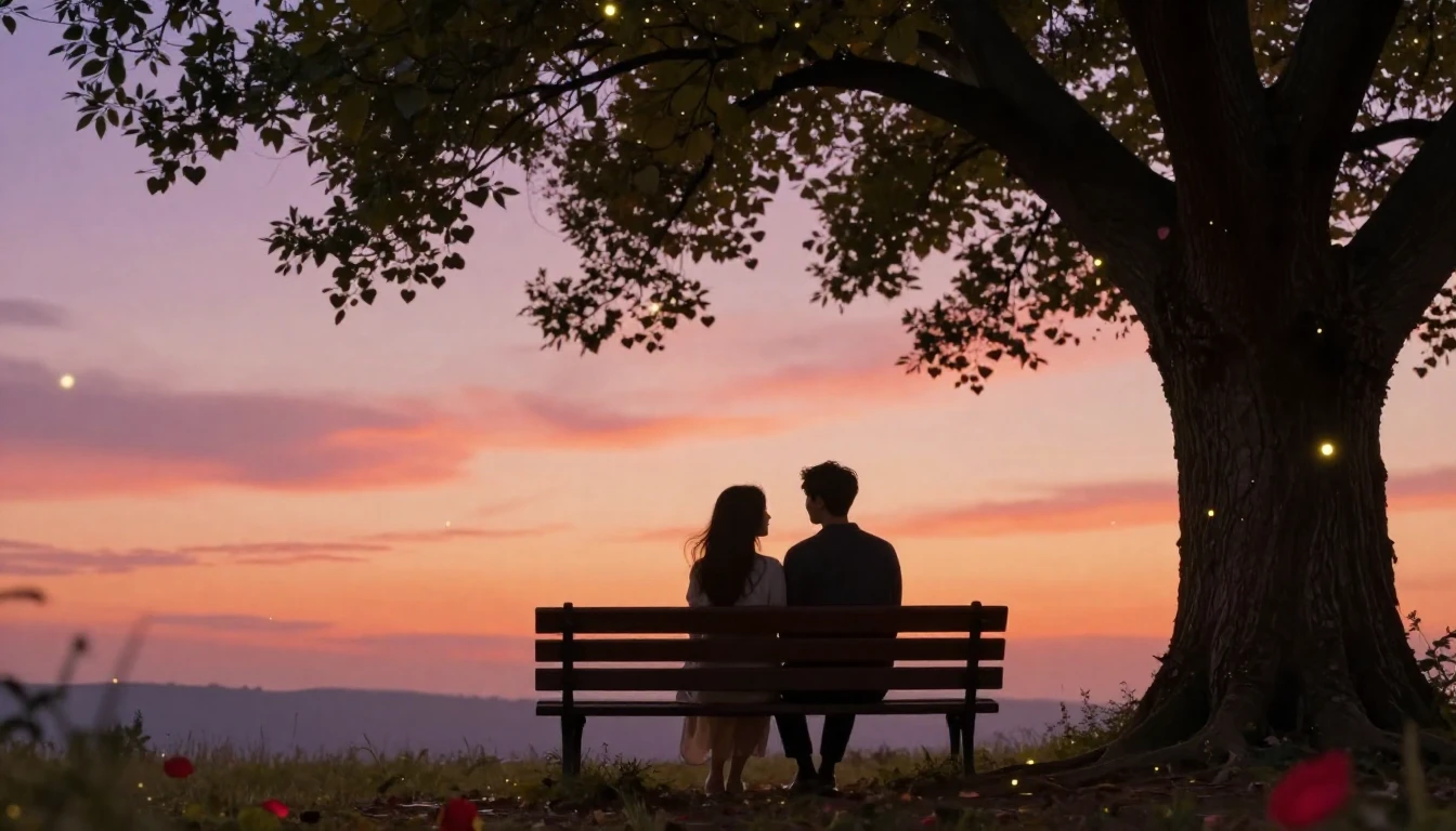 A romantic scene depicting a silhouette of a couple sitting ...