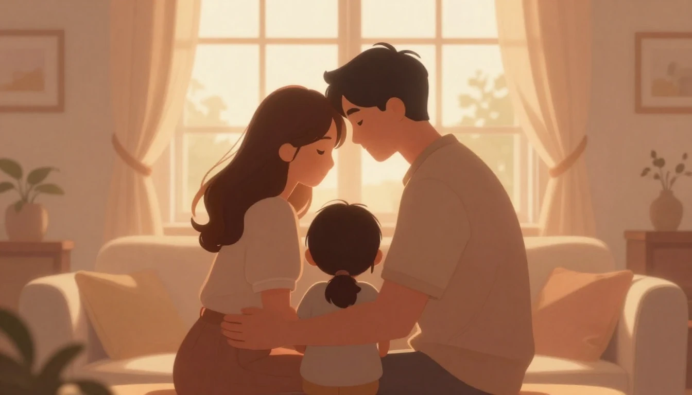 A cozy and heartwarming illustration of a family group hug i...