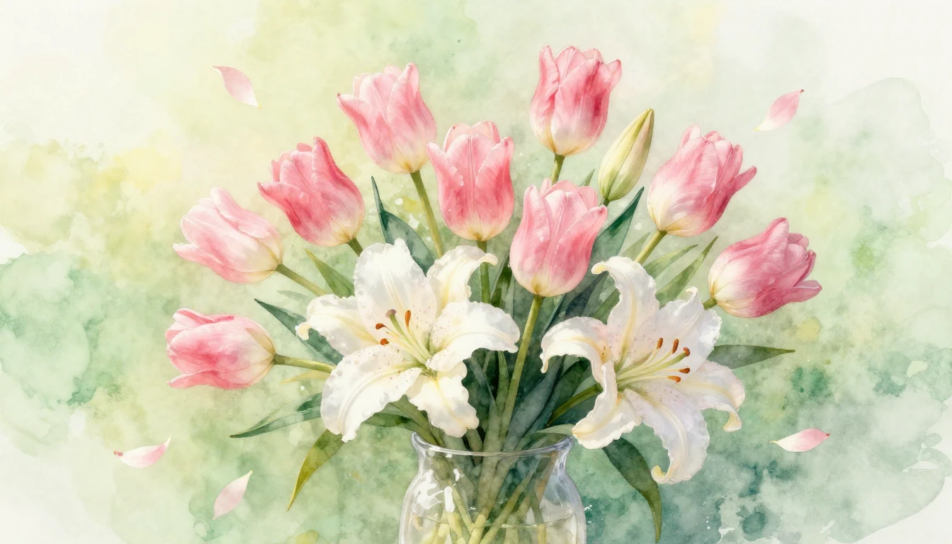 A delicate watercolor painting of a lush spring bouquet feat...