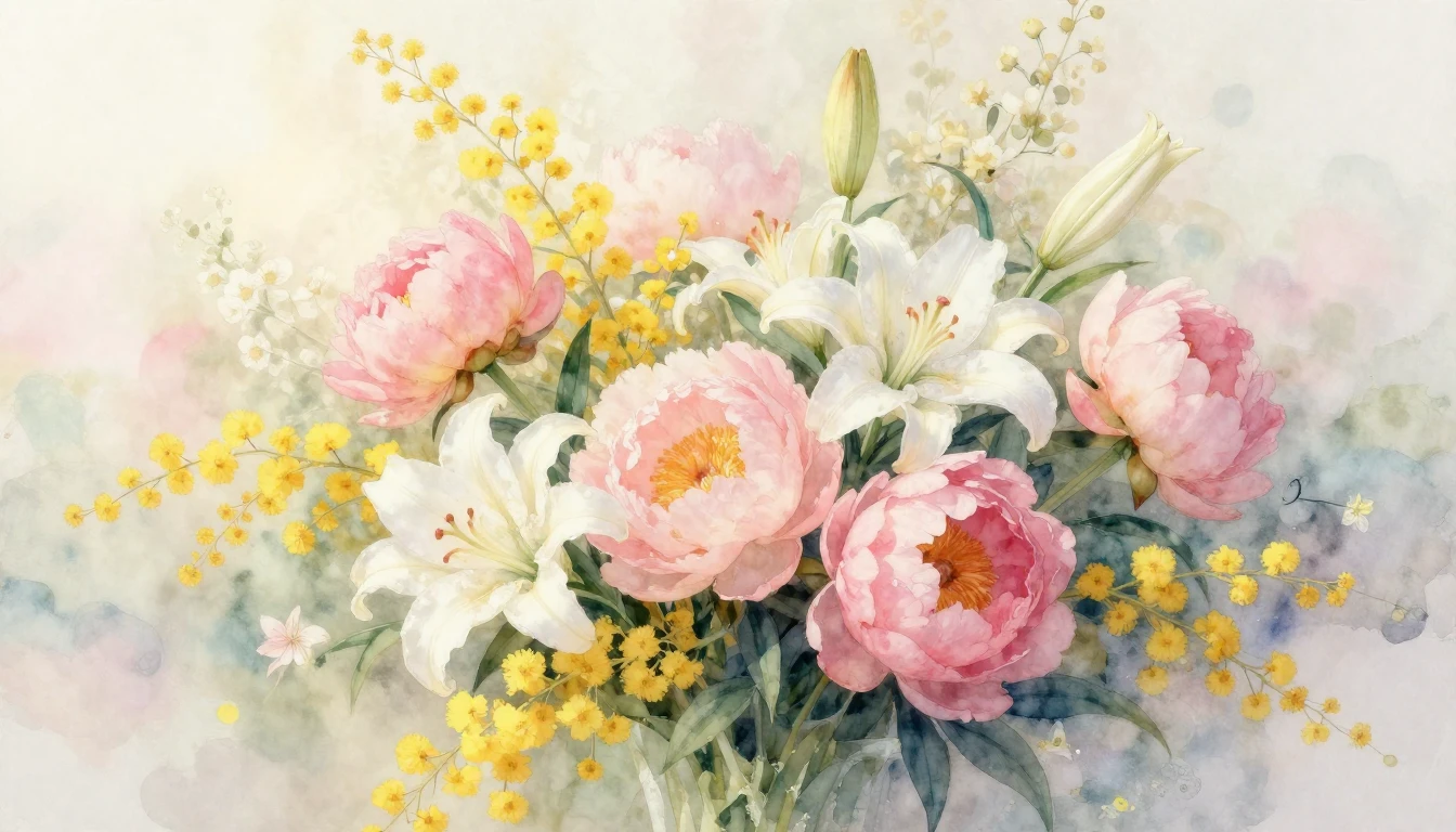 A delicate watercolor painting of a lush bouquet of spring f...