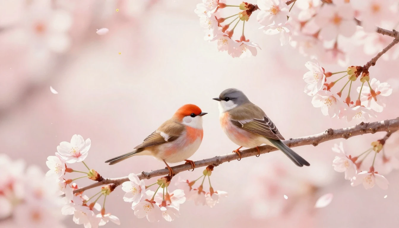 A beautiful and delicate scene featuring two stylized birds ...